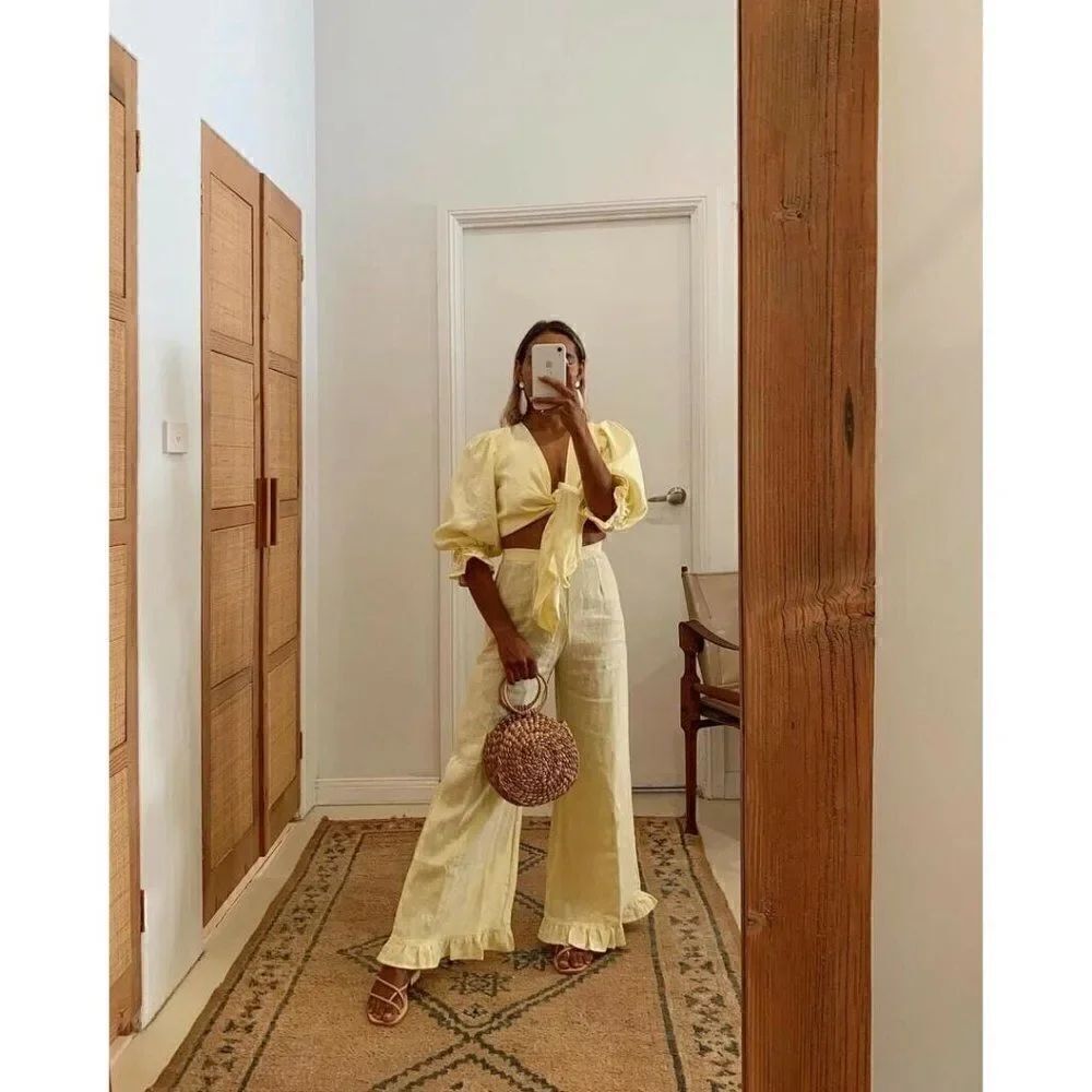 NWT FAITHFULL THE BRAND Sz 2 XS SELMA LINEN PANTS IN PLAIN DAFFODIL YELLOW